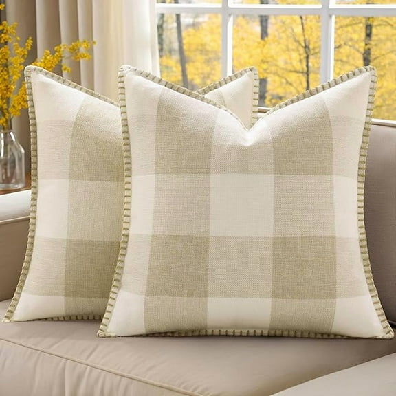 Wanhoo Christmas Buffalo Plaid Check Throw Pillow Covers 24x24 Set of 2, Outdoor Linen Decorative Farmhouse Gingham Pillow Covers with Stitched Edge for Bed Couch Sofa, Cream White and Beige