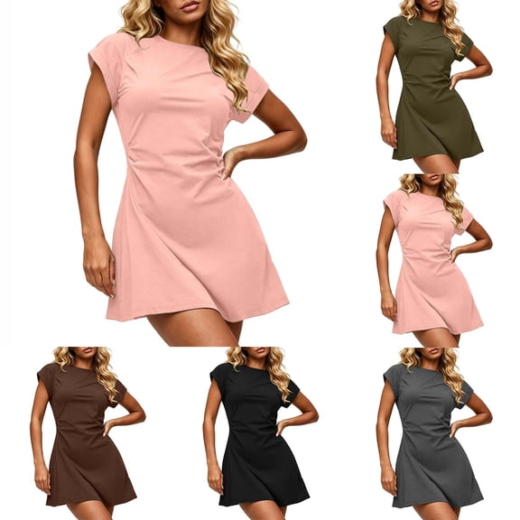Women's Summer Casual Mini Dress Short Sleeve Crew Neck Ruched Slim Fit A-Line Dress Solid Color Stretchy Flowy Dress for Daily Wear Pink XL(XL)