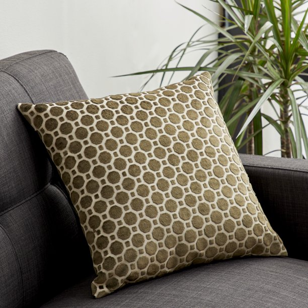Decmode Square Olive Green Throw Pillow with Geometric Pattern, 18" x
