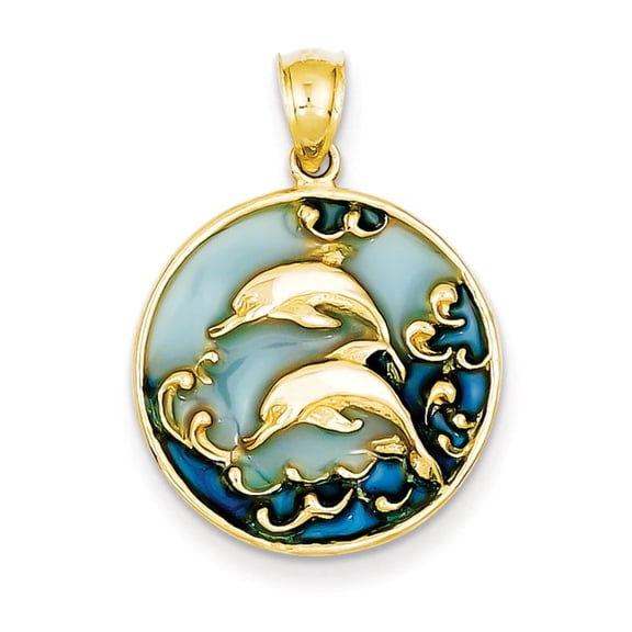 14K Yellow Gold Polished Blue Green Enameled Finish Two Dolphins Swimming Design Charm Pendant