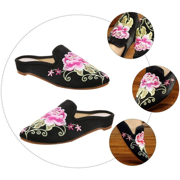 SEWCHICS 1 Pair Black Embroidered Ethnic Style Slippers Soft Comfortable Indoor Household Footwear