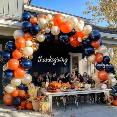 Navy Blue Orange Balloon Garland Arch Kit, Double Stuffed Dark Blue Burnt Orange Pearl White Sand Gold Balloon for Birthday Baby Shower New Year Party Decoration
