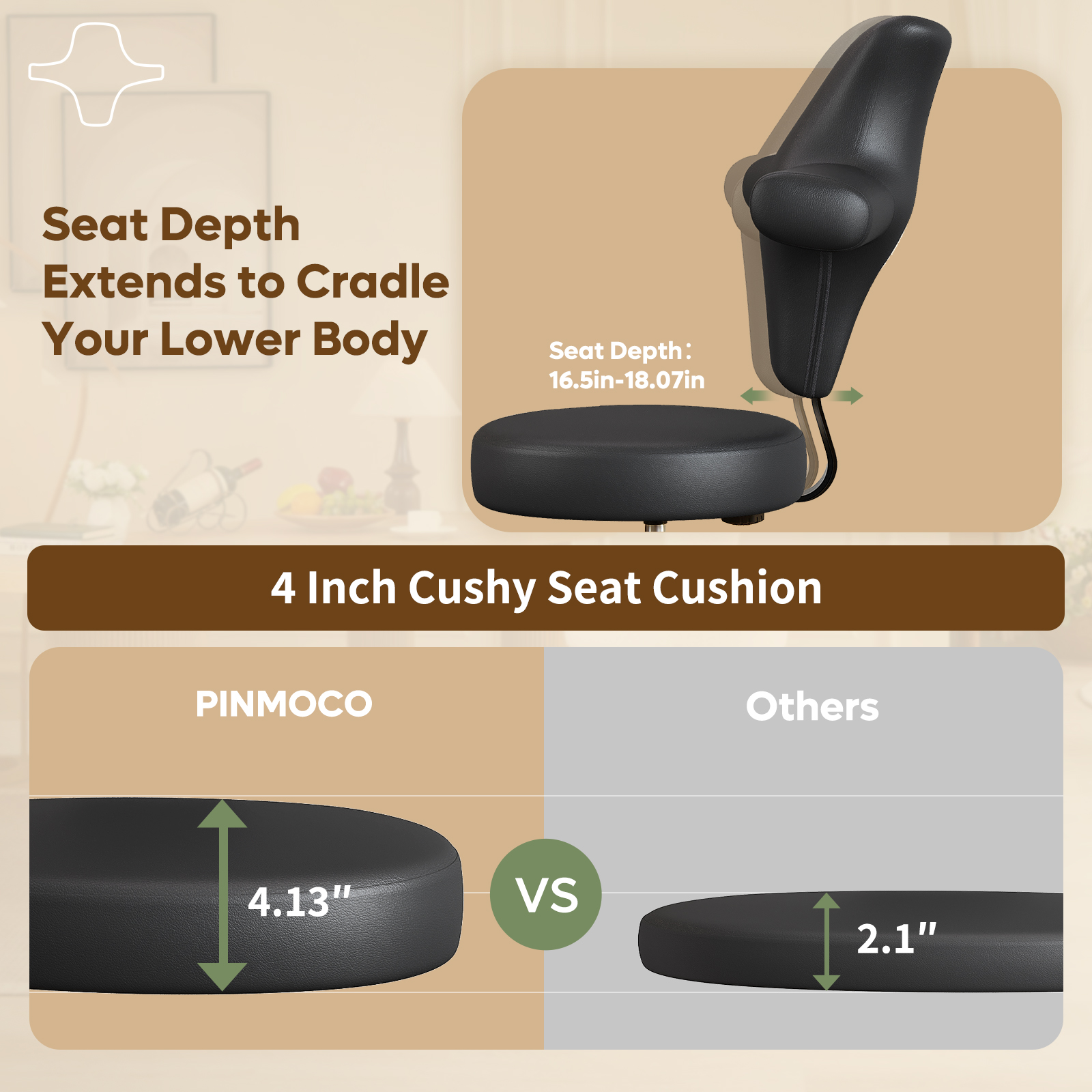 Pinmoco Ergonomic Adhd Chair with Backwards Comfort, PU Leather Cross Legged Office Chair, Extra Wide Swivel for Home Office, Black