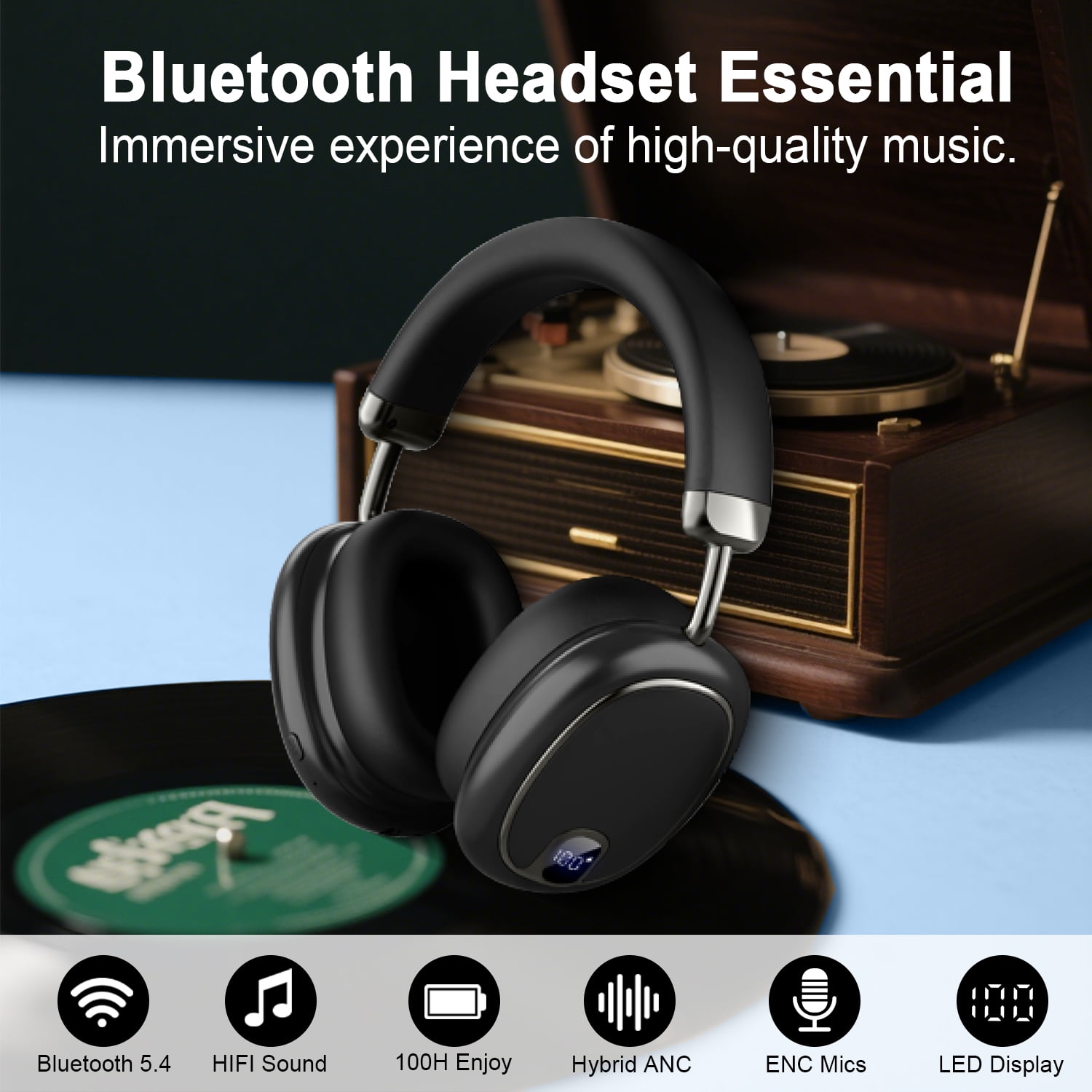 Wireless Headphones, 2.4GHz Bluetooth Headset 5.4 with ANC Noise Canceling Mic, LED Digital Display Wireless Headphones with Memory Foam, 120+ Hours of Playtime Bluetooth Headset for PC/Mobile