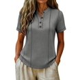 thumbnail image 3 of Henley Shirts for Women Contrast Stitching Short Sleeve Blouse Button Down Stand Collar Tunic Tops Gray M, 3 of 6
