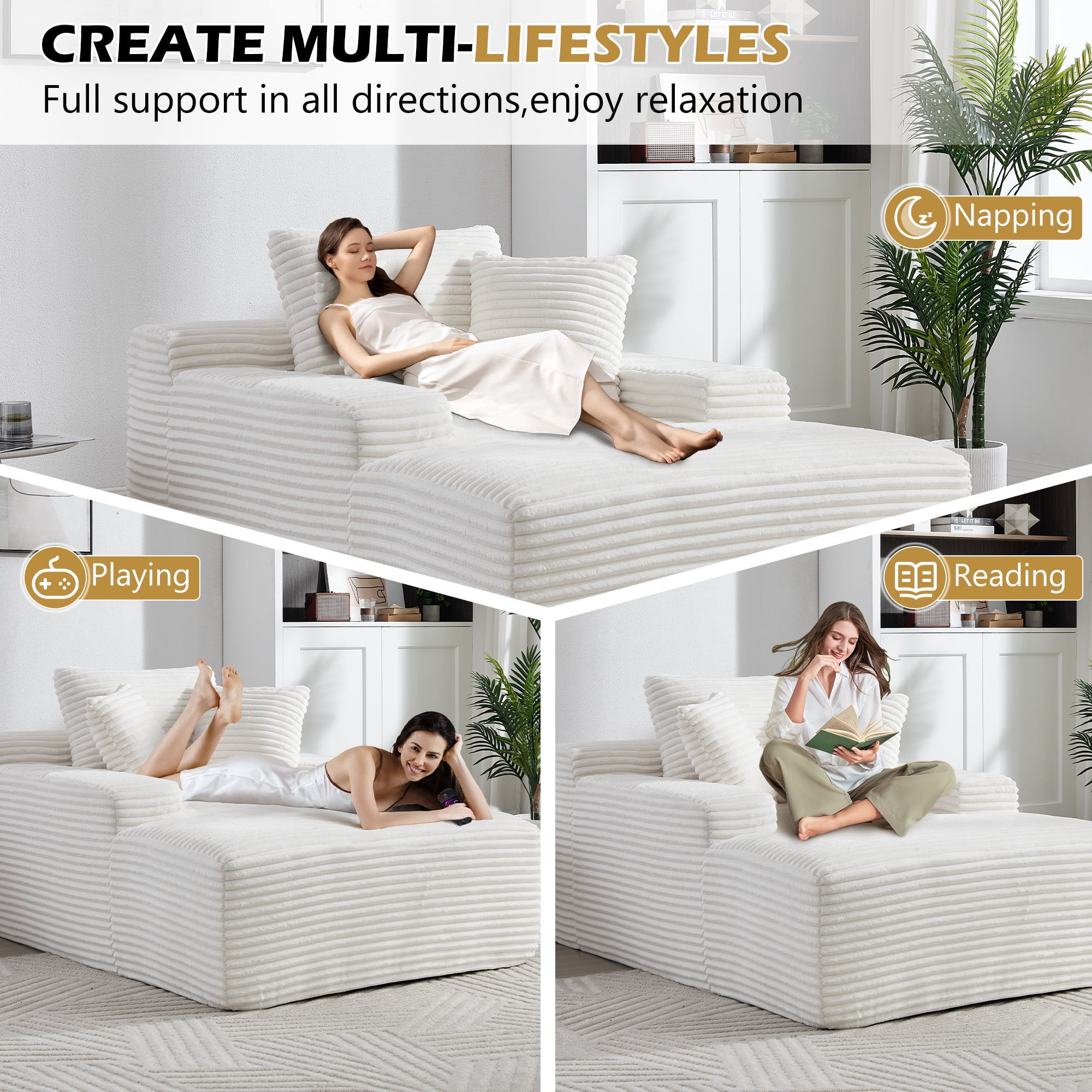 Leumius 67'' Oversized Chaise Lounge Chair Indoor,Cloud Plush Velvet Upholstered Deep Seat Sofa Bed with Back Cushion & Pillows,Cozy Sleeper Sofa Couch for Living Room, No Assembly Required,White
