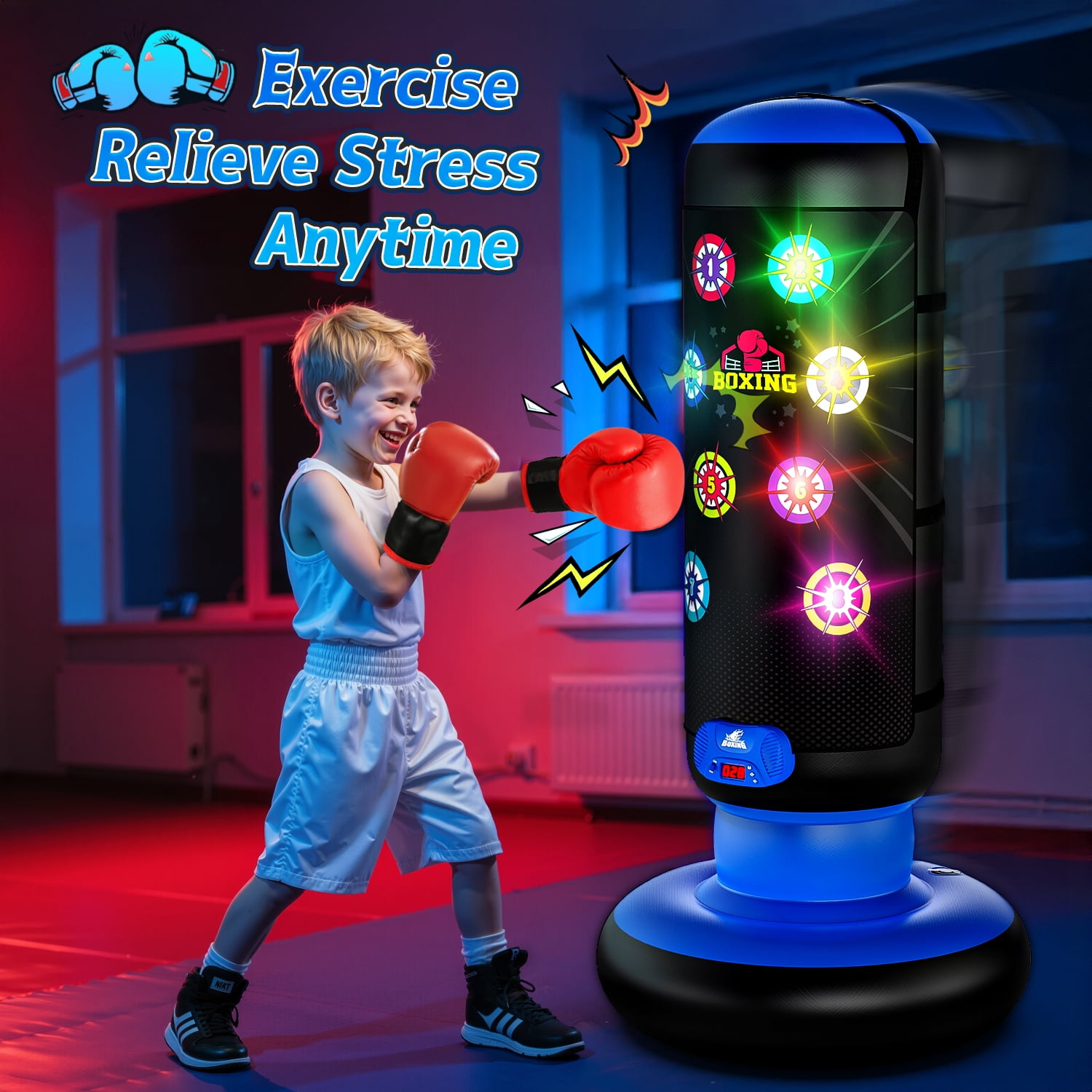 Carsky Kids Punching Bag with Light & Sound, Blue Inflatable Boxing Toy with Gloves, Scoring System, 4 Play Modes, Indoor Outdoor Fitness Toy Gift for Boys and Girls Ages 4-12
