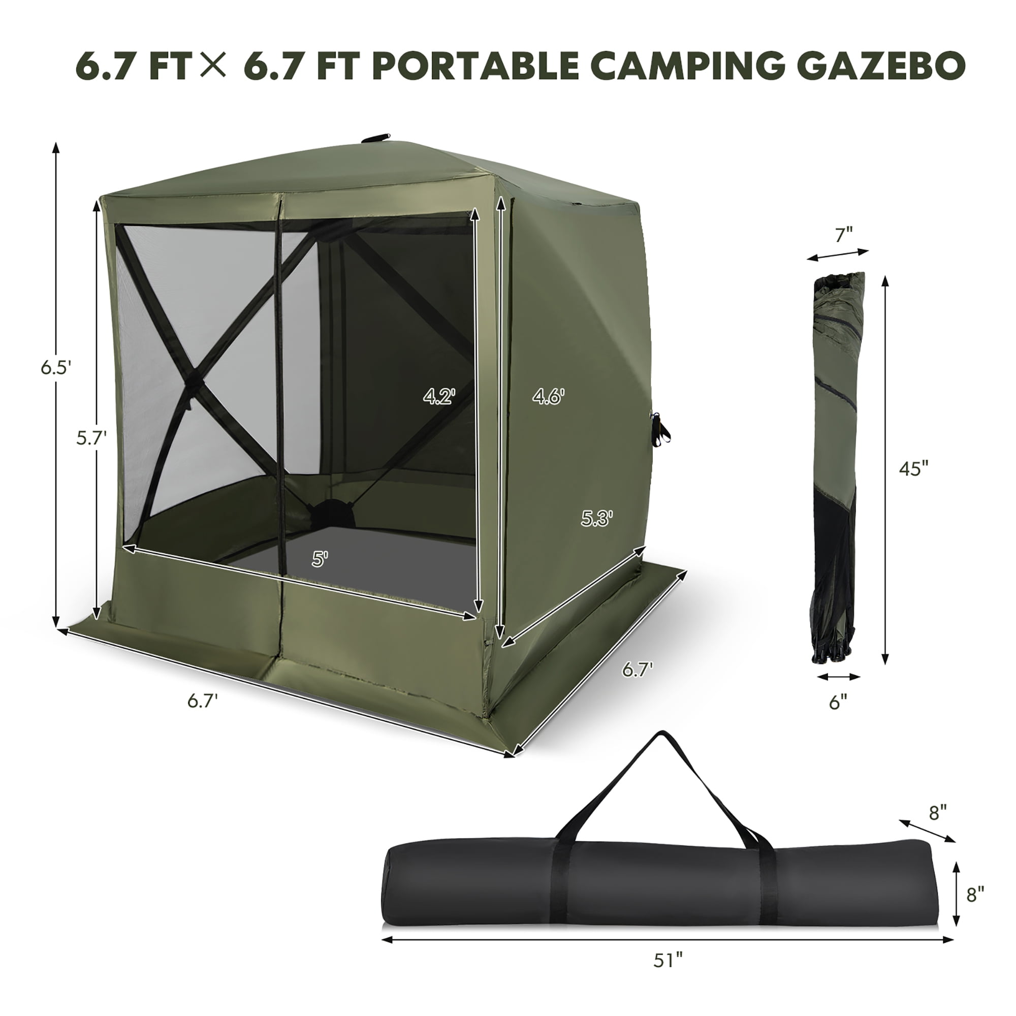 Costway 6.7 FT x 6.7 FT 4-Panel Pop up Camping Gazebo Quick-Set with 2 Sunshade Cloths Green