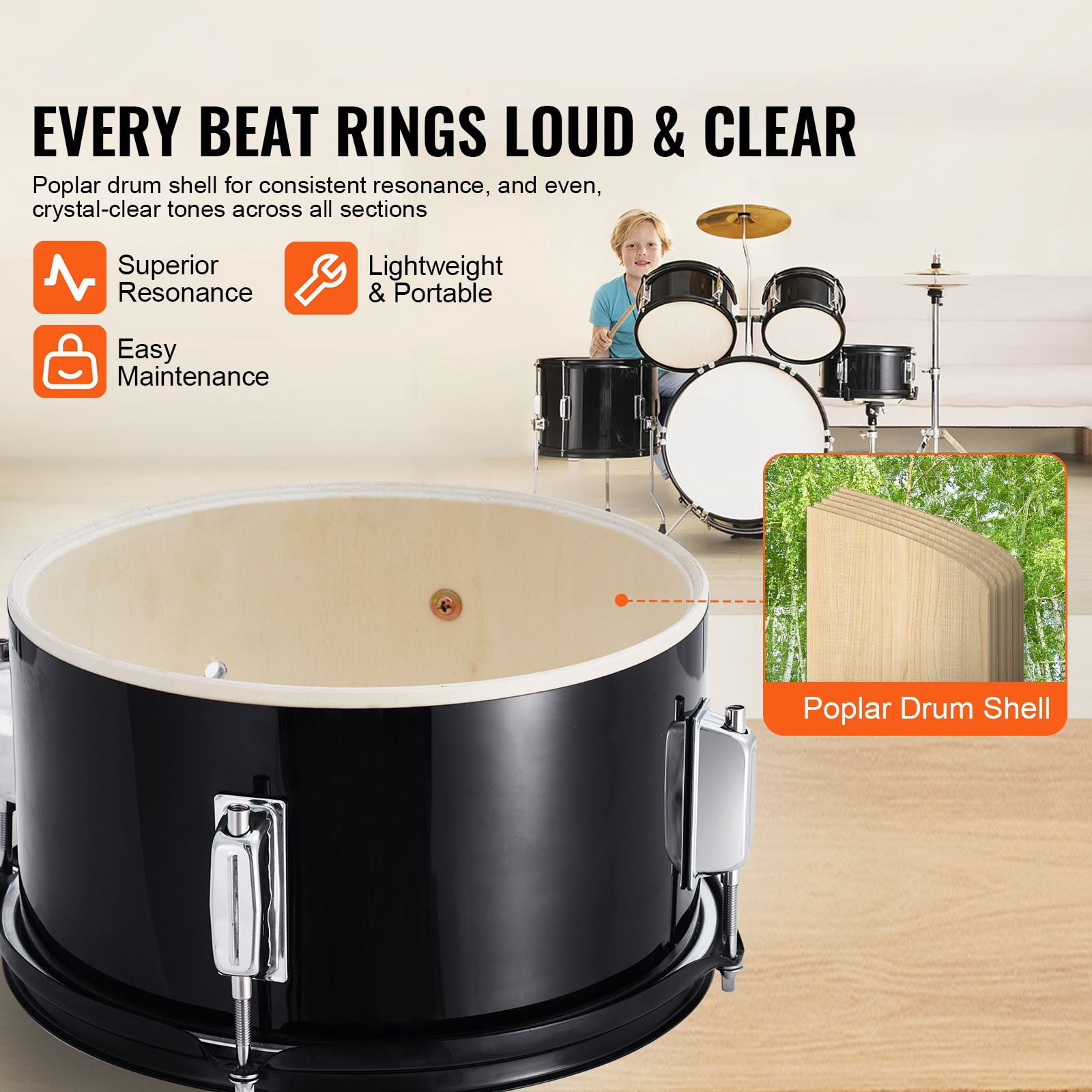 Kids Drum Set, 5-Piece, 16 in Beginner Full Drum Set with Bass Toms Snare Floor Drum Adjustable Throne Cymbal Hi-Hat Pedal and Two Pairs of Drumsticks, Starter Drum Kit for Child Kids, Black