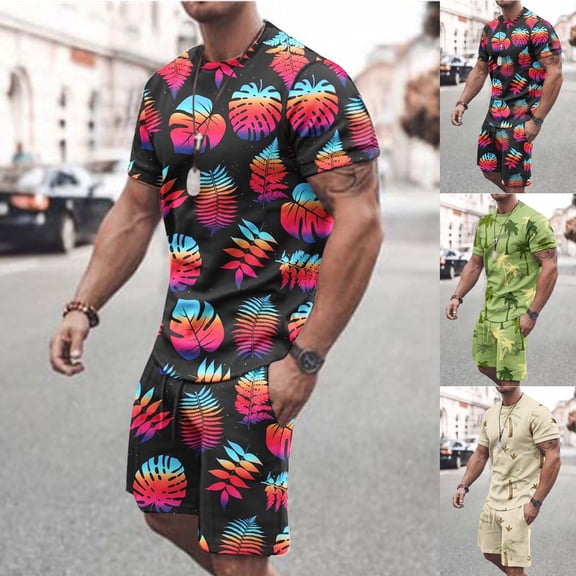 CHUMUD 2 Piece Sets for Men Summer Outfits Hawaiian Matching Set Colorful Graphic Sets Short Sleeve Tees and Drawstring Shorts Vacation