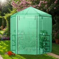 Demifill Walk-In Hexagonal Greenhouse with PE Cover and Metal Frame, Waterproof Greenhouse for Garden, Yard, Green