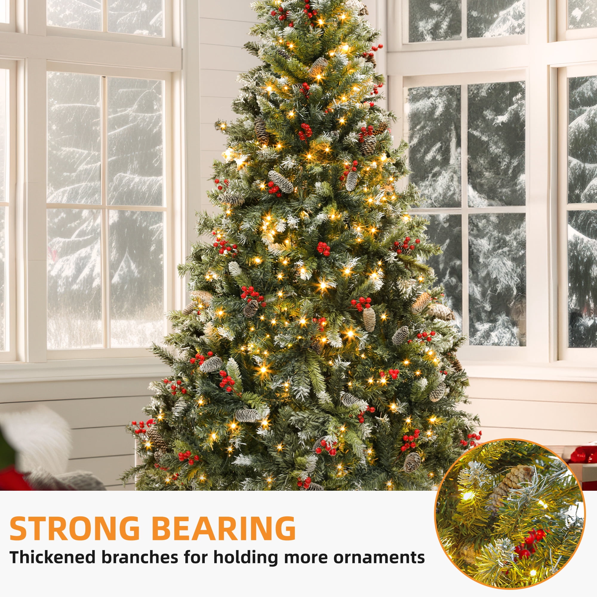 Uforic 6ft Pre-Lit Frosted Pine Christmas Tree with Pine Cones and Red Berries, 818 Branch Tips, 250 LED Lights