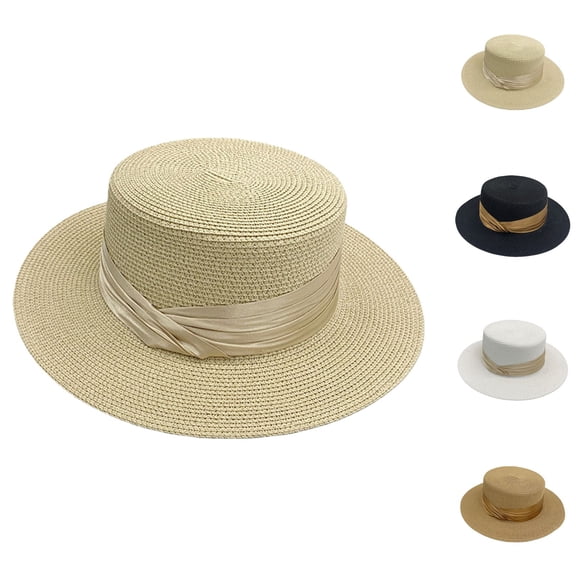 Helii Unisex Paper Straw Boater Hat – Flat Top Wide Brim Panama Sun Hat with Ribbon Bow, Foldable Summer Beach Cap for Men Women Travel Black,One Size