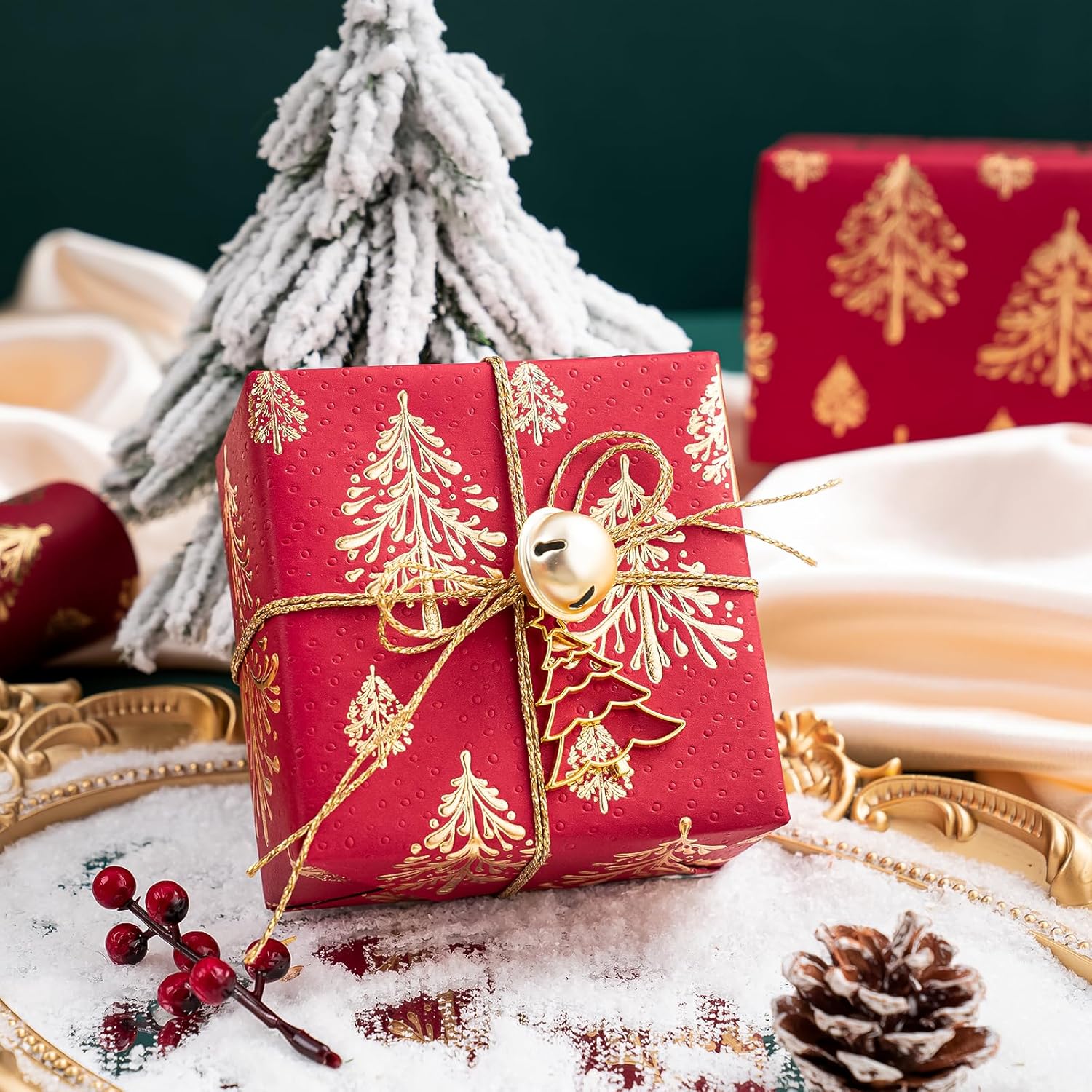 3D Kraft Christmas Wrapping Paper Roll - Mini Roll - 17 Inch x 16.5 Feet - Gold and Red Christmas Tree Wrapping Paper with Embossed Perfect for Holiday, Party Celebration