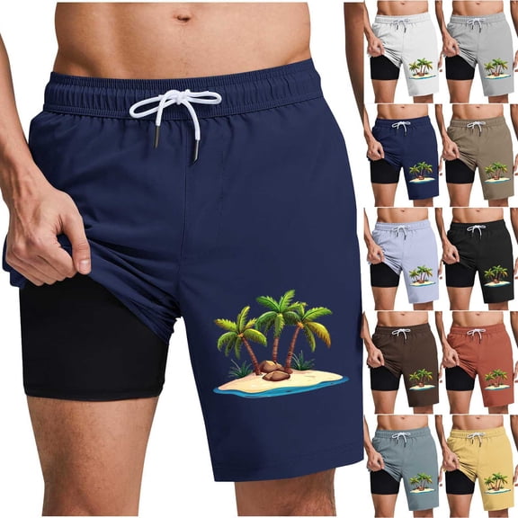 BRGZLK Mens Swimming Shorts Fashionable Coconut Tree Print Swim Trunks with Compression Liner Quick Dry Beach Vacation Bathing Suit with Pockets
