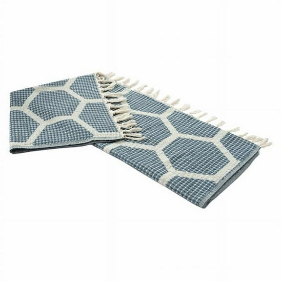 Blue & Off White Woven Cotton Geometric Throw Blanket