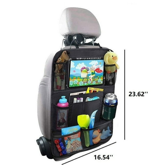 Car Backseat Organizer Bag with Touch Screen Tablet Holder 10 Storage Pockets Seat Back Protector Kick Mats Water Resistant Car Accessories Interior and Travel Essentials, 1pcs Black