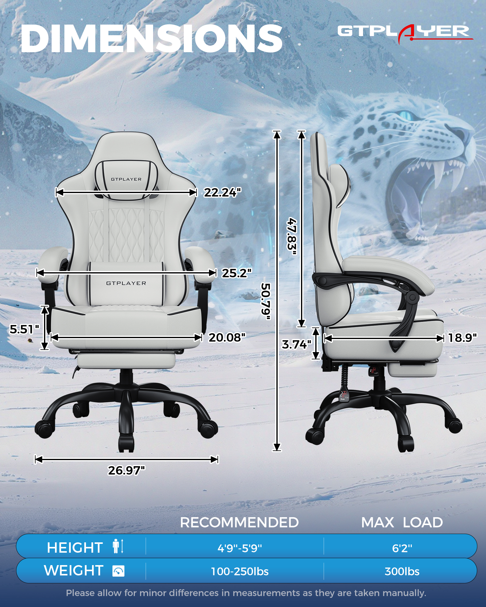 GTPLAYER Ergonomic Gaming Chair with Footrest and Lumbar Support, White