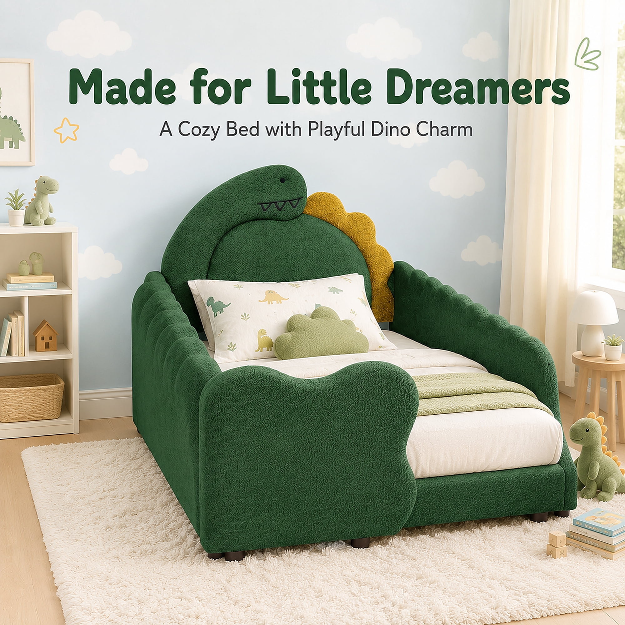 Miniyam Kids Twin Bed Frame, Boucle Upholstered Dinosaur Bed with Guardrails, Wood Slats, Green