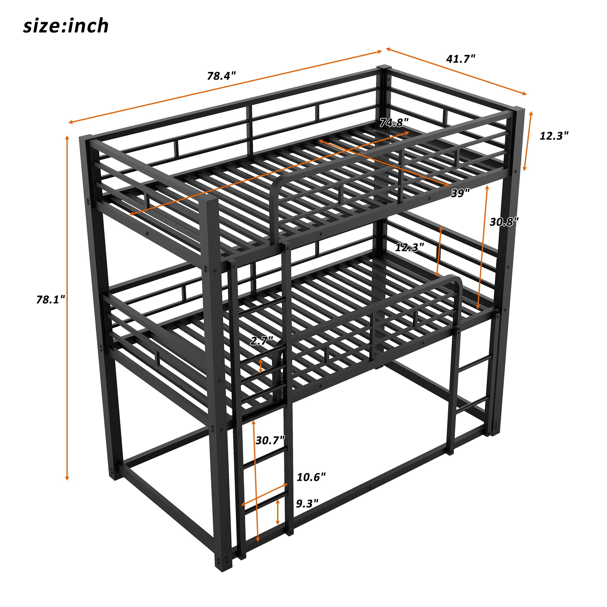 Euroco Metal Twin over Twin over Twin Bunk Bed, Triple Bed for Kids Room, 3 Twin Beds for Kids Teens Adults, Space-Saving, Black