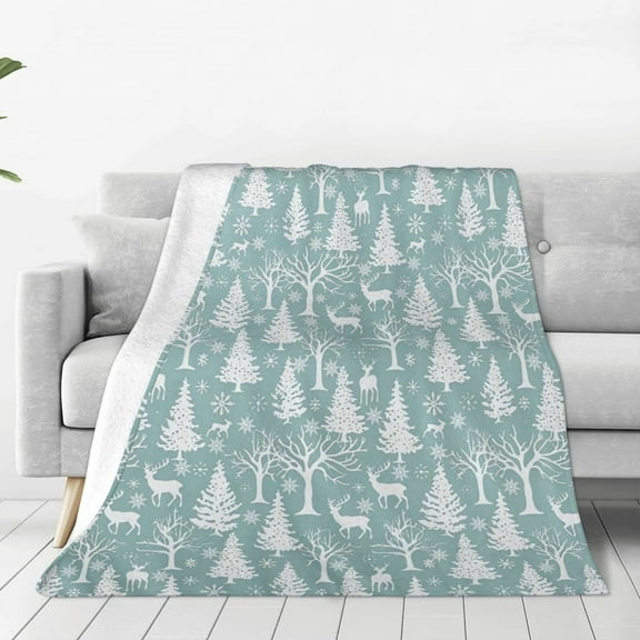Blue Christmas Tree Snowflake Xmas Deer Elk Printed Throw Blanket，Kids Adults Soft Lightweight Flannel Fleece Blanket for Couch Sofa Bed Living Room 40"×50"