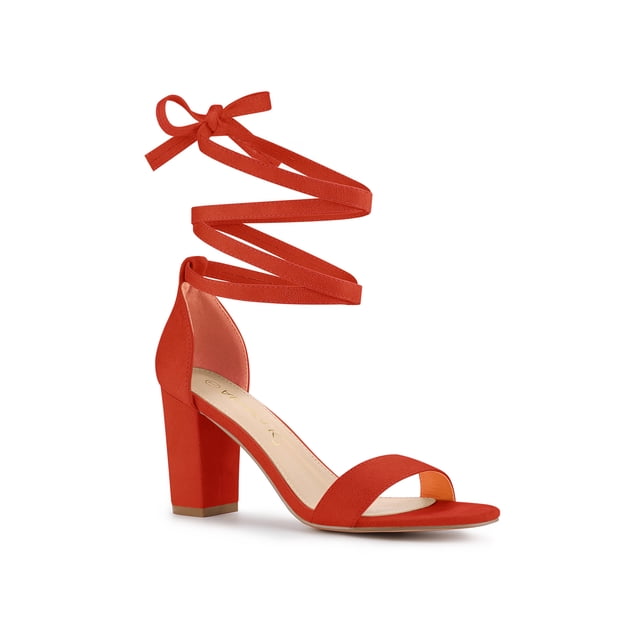 BLISSFUL STEP Sandales à Talon Bloc à Lacets et à Bride Cheville pour Femmes Orange Rouge 9