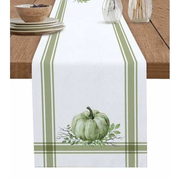 Fall Burlap Cotton Table Runner 13x70 Inches Long, Sage Green Pumpkin Thanksgiving Stripe Leaf Farmhouse Table Runners, Outdoor Dining Tablecloths Decor for Baby Shower/Party/Wedding