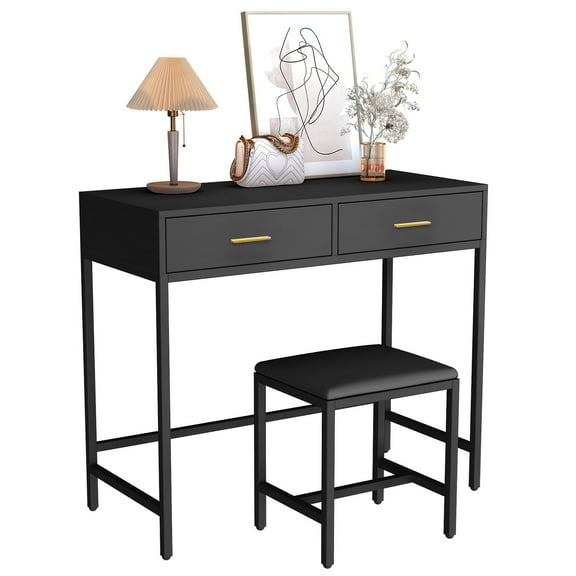 Caulitar Home Office Writing Desk with Drawers, Modern Study Table with Stool for Teens, Black