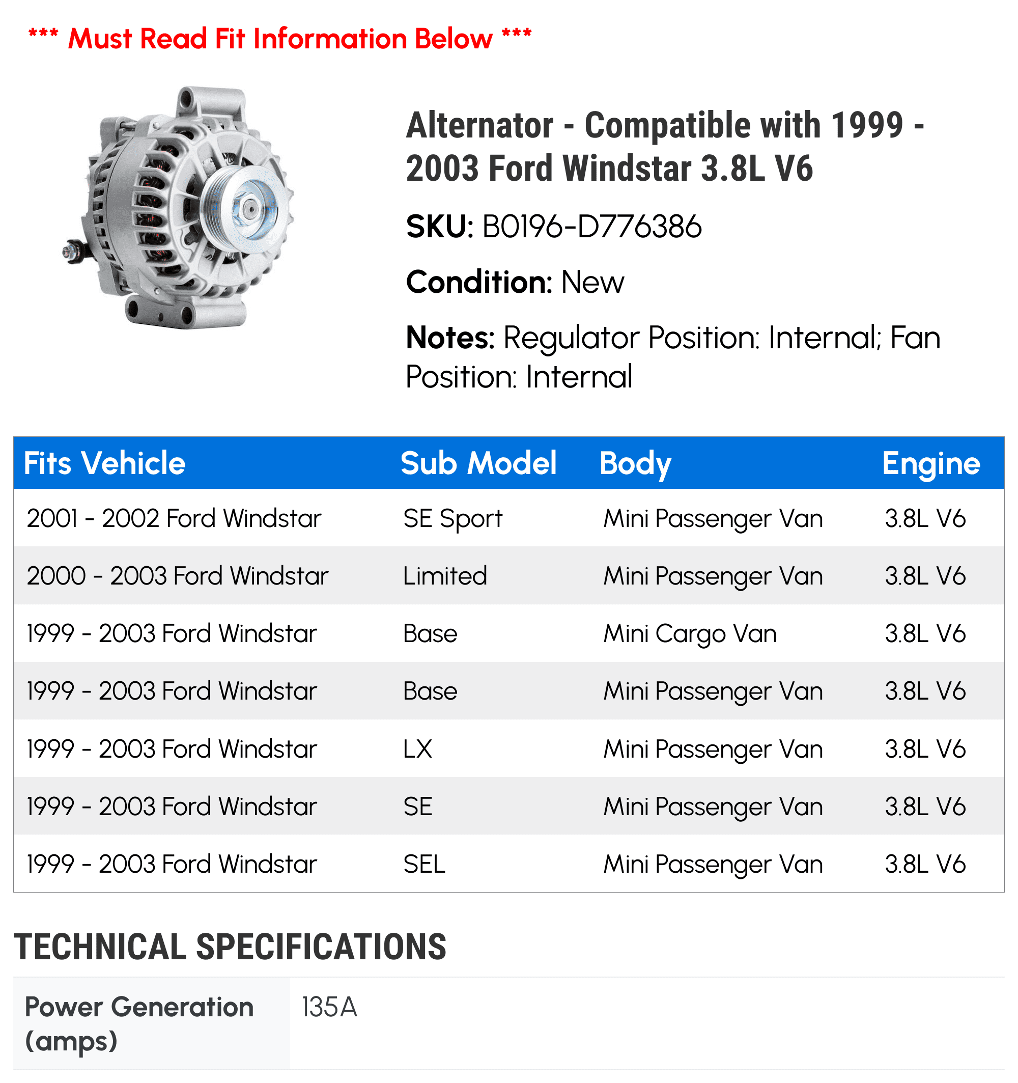 Alternator - Compatible with 1999 - 2003 Ford Windstar 3.8L V6 2000 2001 2002