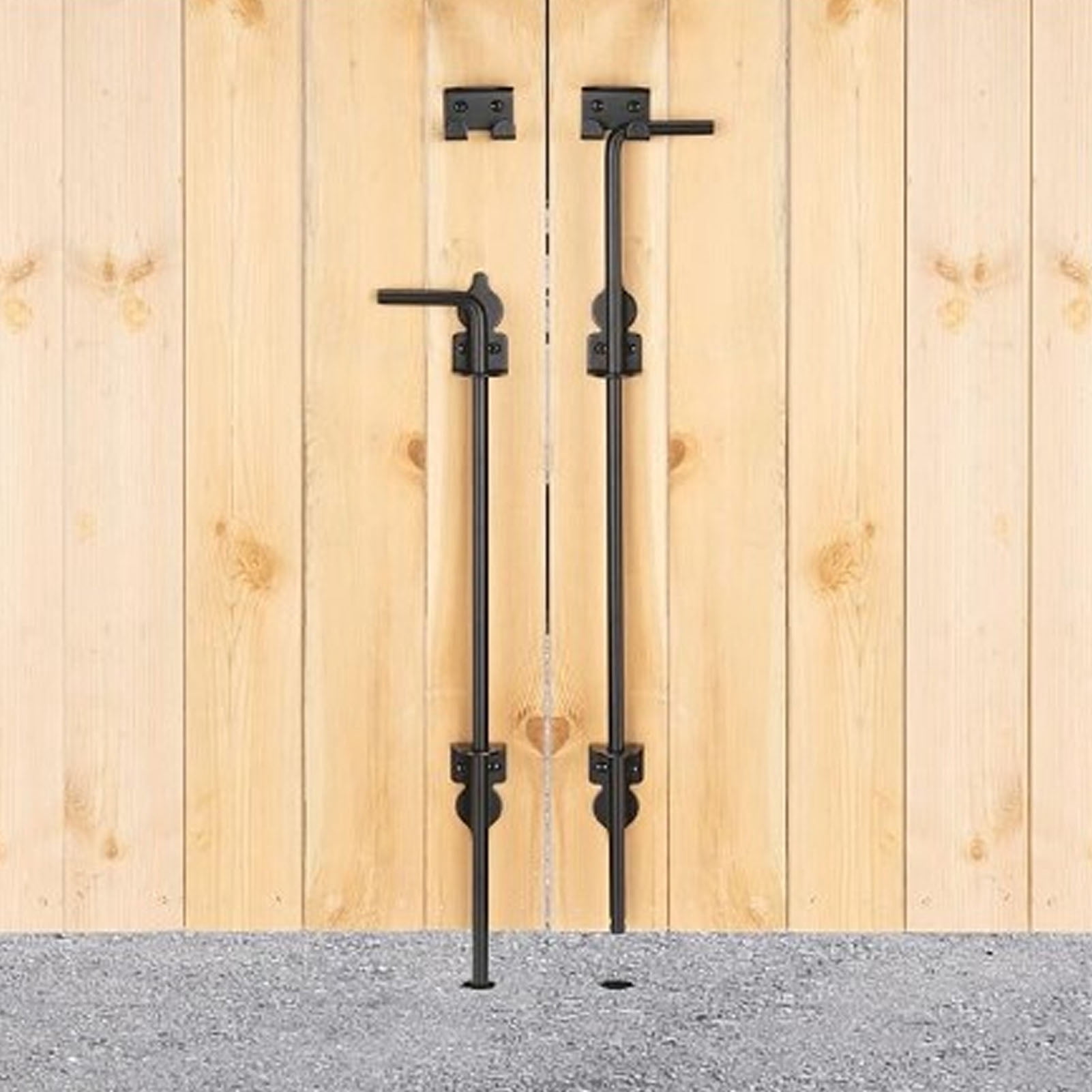 BIMZUC 2-Piece Gate Ground Latch 12 Inch / 30.5 cm Heavy Duty Metal Gate Drop Rod Black Powder Coated Cane Bolt for Wooden Fences Double Gates and Metal Doors