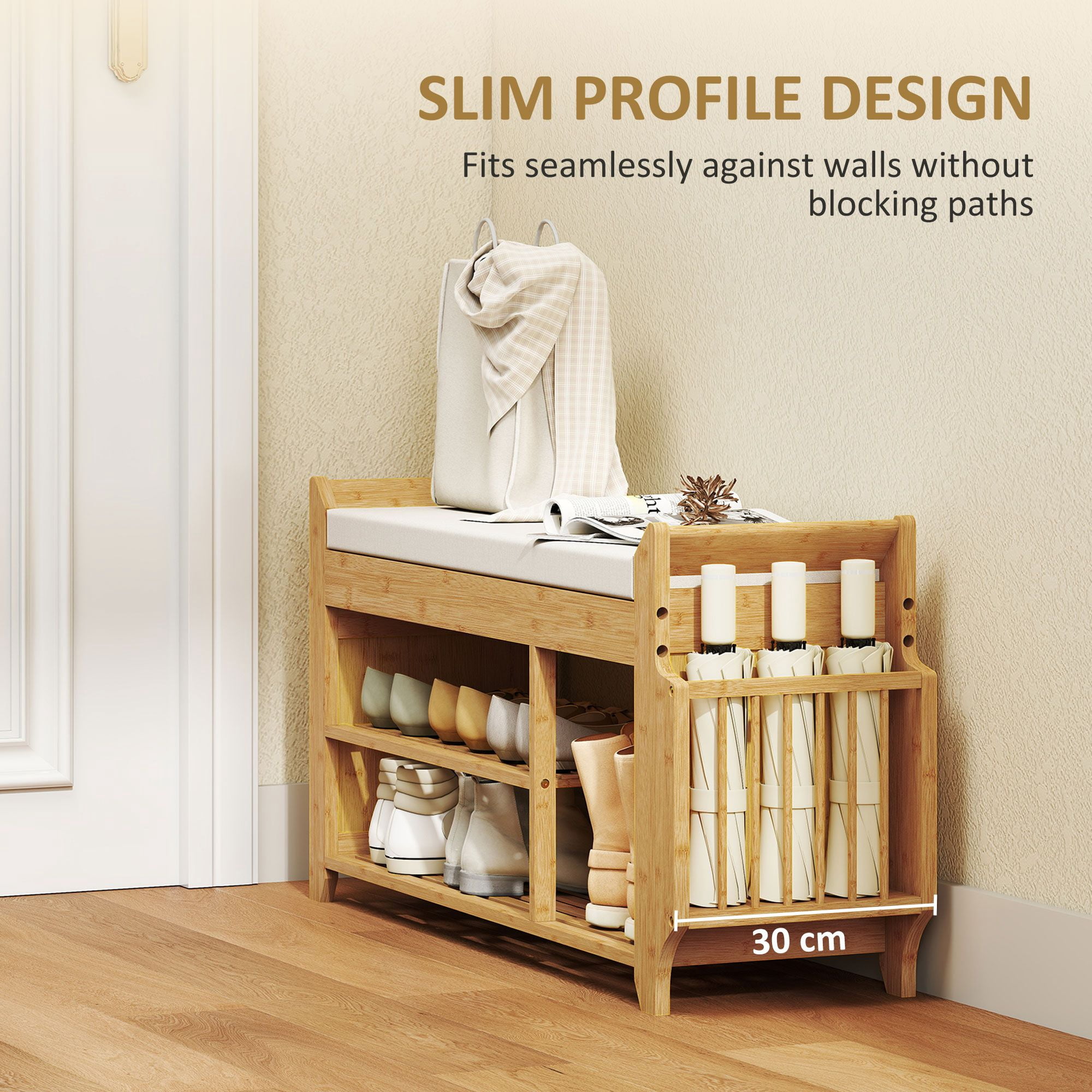 Bamboo Entryway Shoe Storage Bench with Cushioned Seat, Zoned Shoe & Boot Shelves Side Umbrella Compartment Slim 11.8in Depth Hallway Organizer Supports 352lbs Natural Cream
