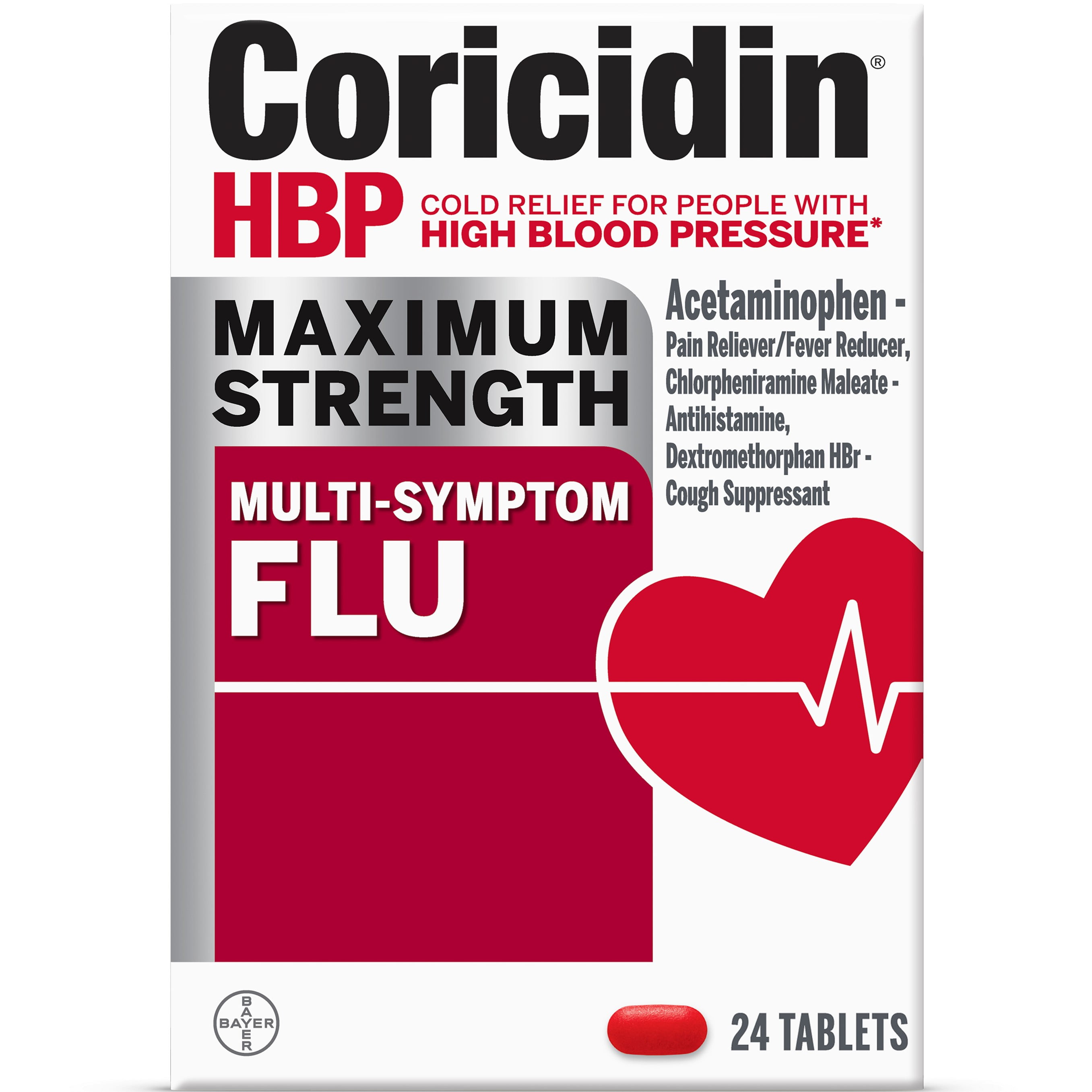 Coricidin HBP Maximum Strength Multi-Symptom Flu Medicine, Tablets, 24 Ct