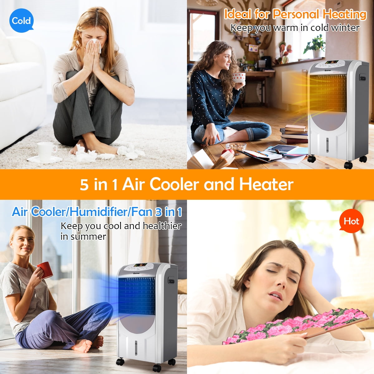 Costway Portable Air Cooler Fan Heater Humidifier w/ Washable Filter  Remote Control