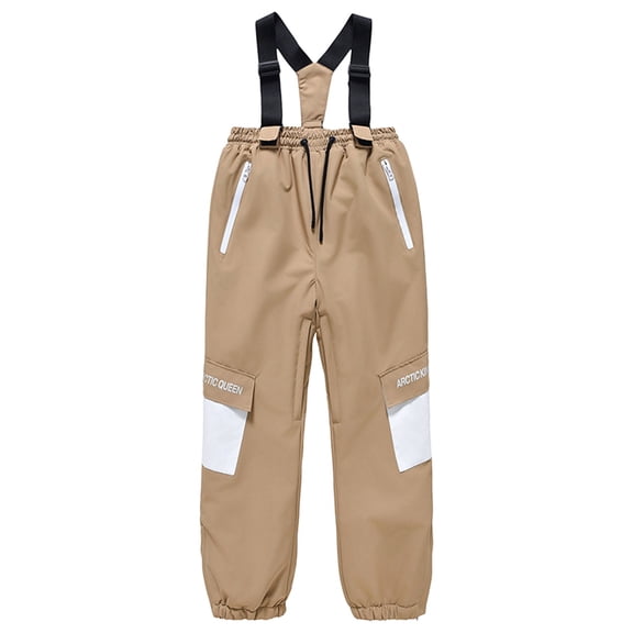 LNZGNM Snow Bibs Kids 8-12Y Insulated Waterproof Elatsic Waist Snowsuit Windproof Warm Skiing Cargo Pants Winter Ski Outfit with Zipper Pockets for Children for Cycling, Khaki, L