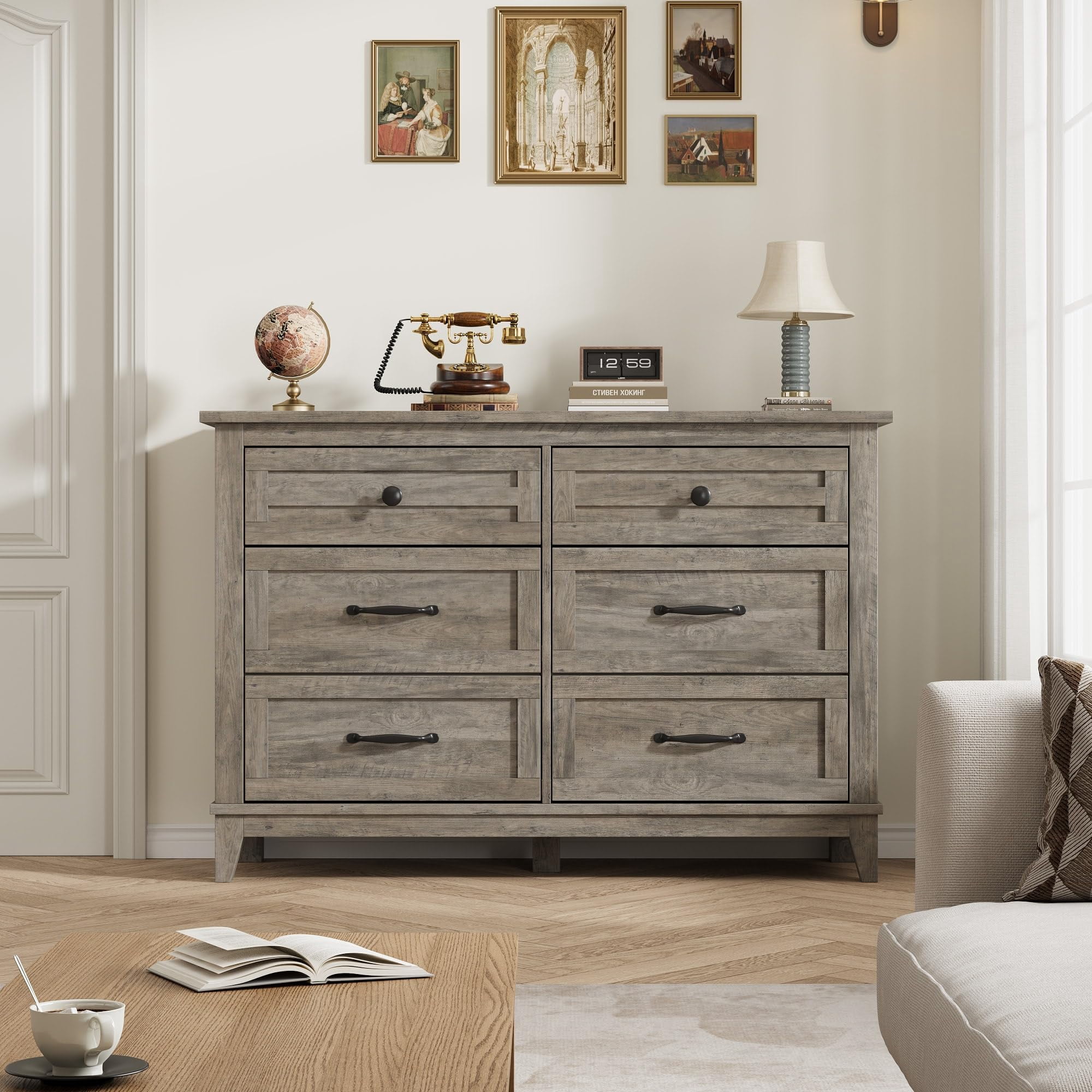 Towallmark 47" Wide Dressers for Bedroom 6 Drawers Wooden Dresser Storage Chest of Drawers for Living Room,Entryway,Gray