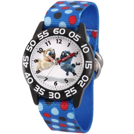 Disney Puppy Dog Pals Rolly and Bingo Black Plastic Time Teacher Watch, Blue Polka Dot Stretchy Nylon Strap