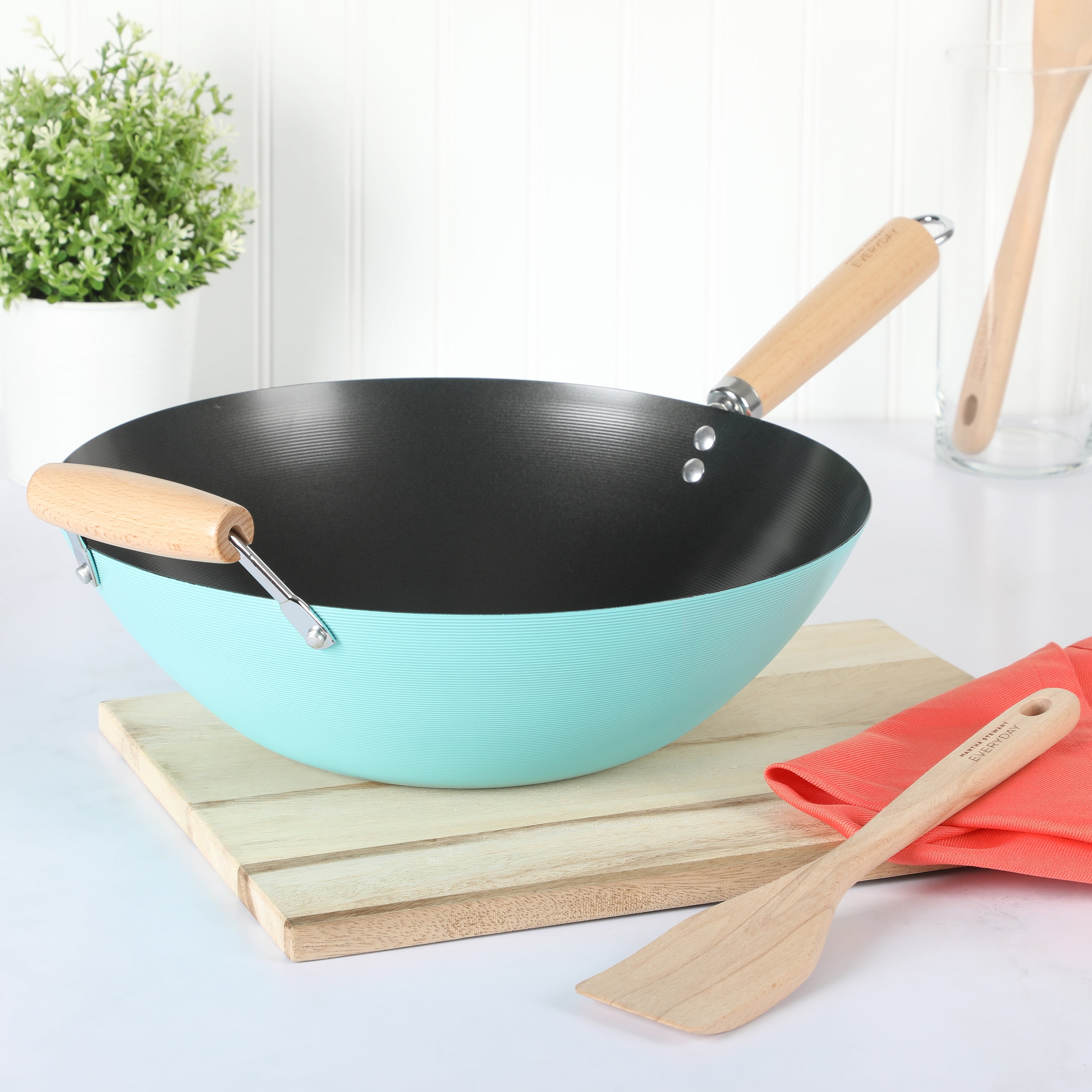Martha Stewart Everyday Clarkston 14-inch Teal Carbon Steel Wok