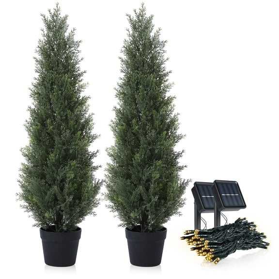 Artificial Cedar Topiary Trees for Outdoors 3ft Fake Cypress Plants with Solar Light String, Faux uv Resistant Plants for Home Front Porch Decor，Set of 2