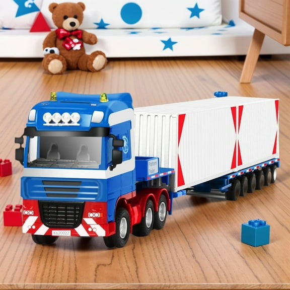 1:50 Alloy Transport Carrier Truck Model with Trailer – Die-Cast Metal Display Vehicle with Extendable Trailer & Dual Containers (Blue)