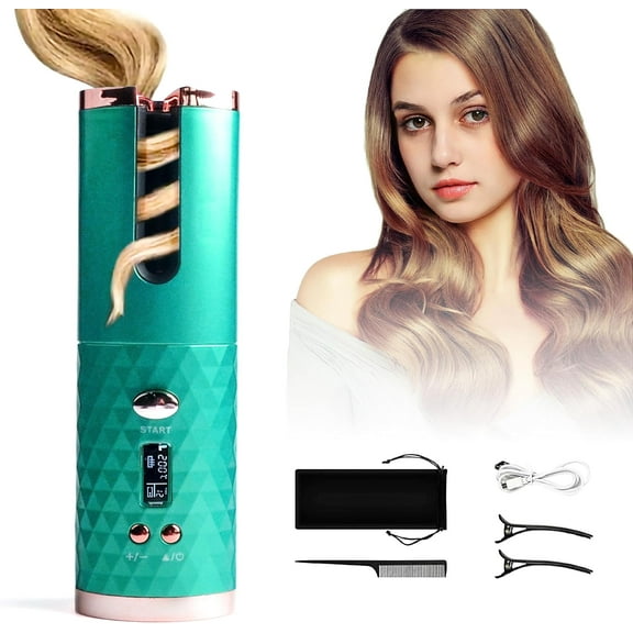 Cordless Automatic Hair Curler, USB Rechargeable Auto-Rotating Ceramic Curling Iron with 6 Temperature & 6 Timer Settings for Travel