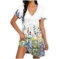 thumbnail image 2 of Gamivast Dresses for Women Short Sleeve V-Neck Babydoll Mini Dress Boho Floral Print A-Line Swing Sundress Casual Vacation Beach Cute Dress White L, 2 of 7