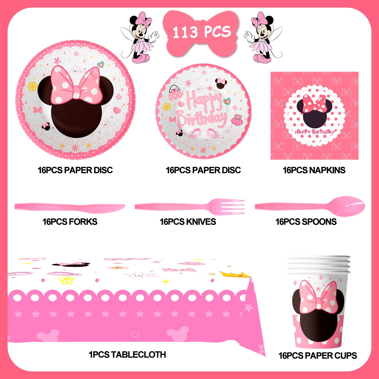 Minnie Birthday Party Supplies Tableware-113pcs Minnie Party Tableware Set Include Minnie Mouse Party Plates Cups Napkins Table Cloth Set ect Minnie Theme Party Decor, Serves 16