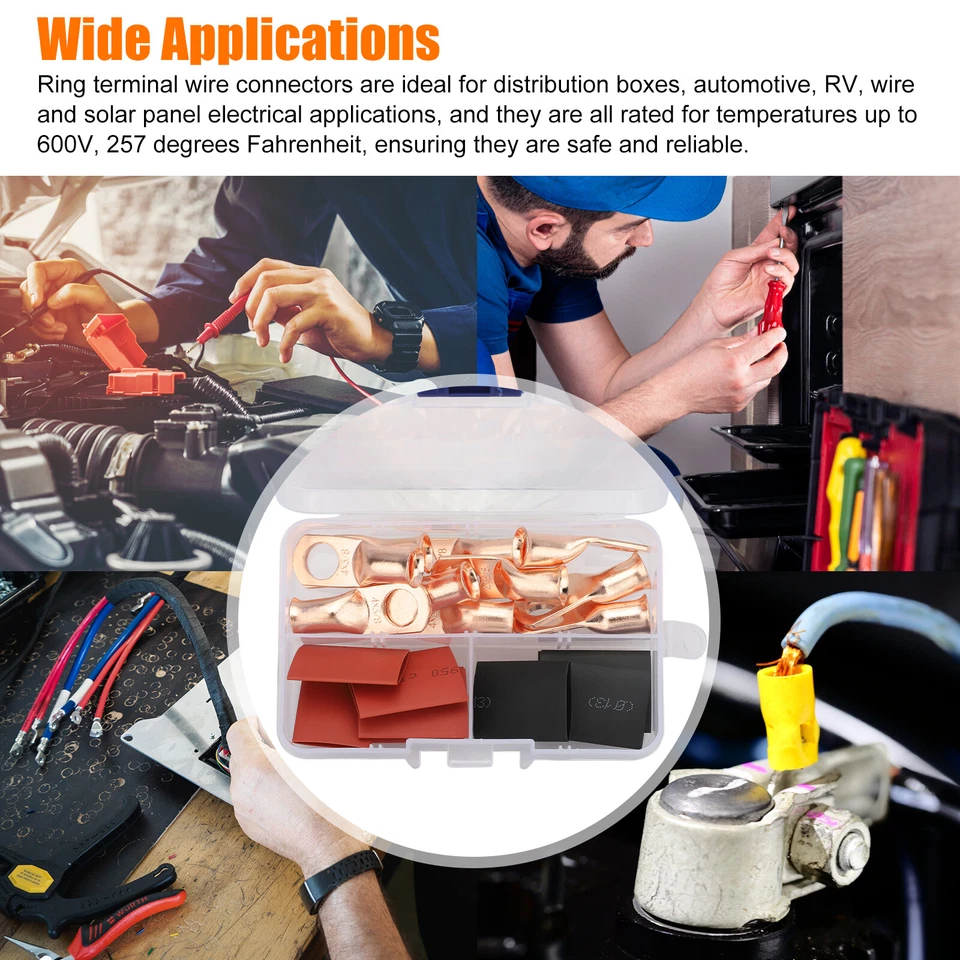 CIRCLE- 10X 4 Awg Gauge Copper Lugs + 10X Heat Shrink Ring Terminals Wire Connectors Kit