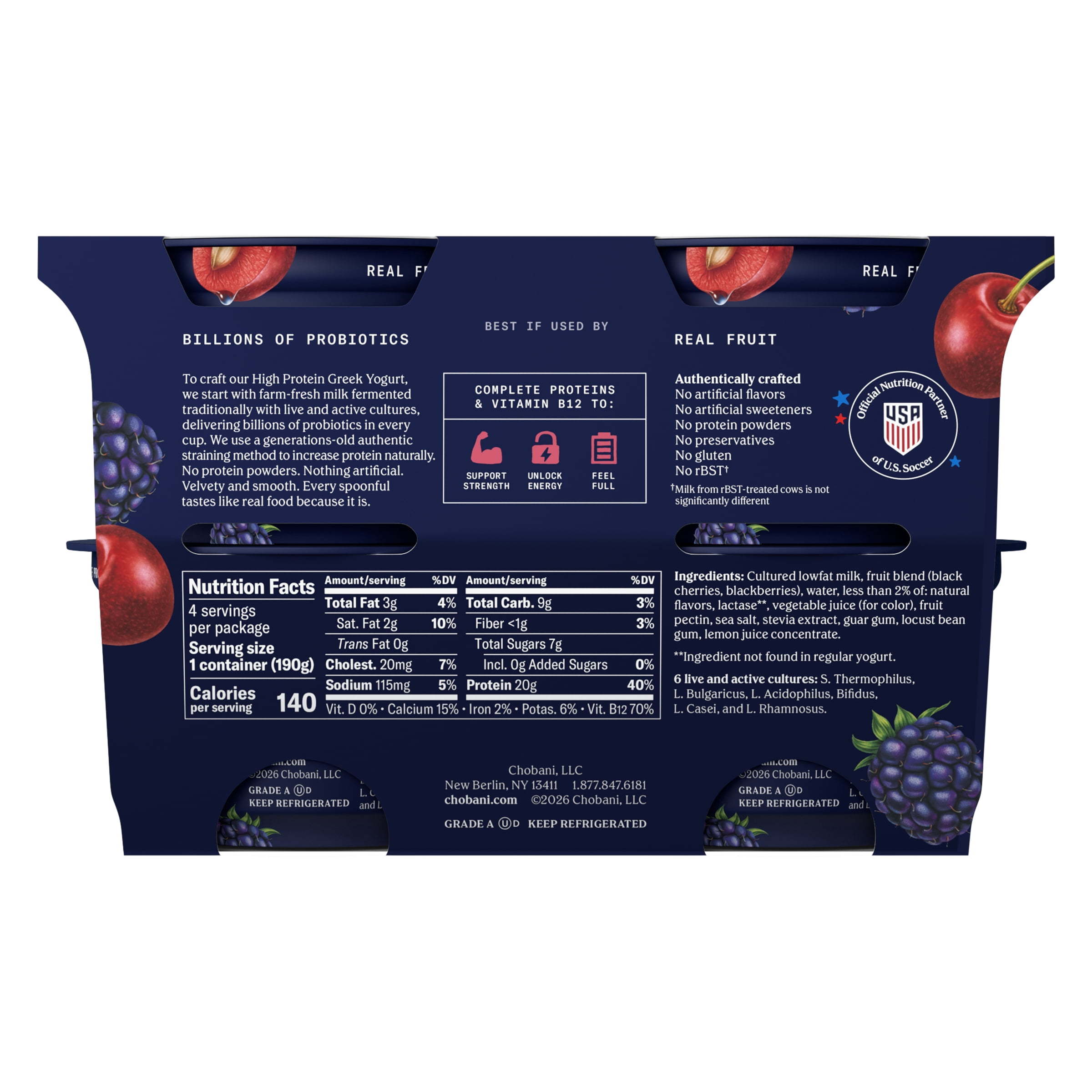 Chobani 20G Protein Low-Fat Greek Yogurt Cherry Berry 6.7oz 4 Pack