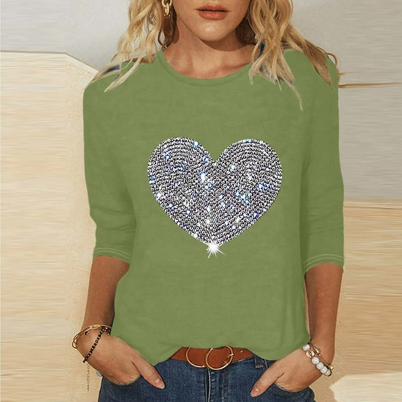 POTETI Womens Shirts Button up Winter Casual Printed T-shirt 3/4 Sleeves Blouse Round Neck Casual Army Green Blouse for Women Plus Size