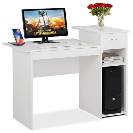 Small Wood Computer Desk with Drawers and Storage Shelves Workstation Furniture (Best Wood To Build A Desk)