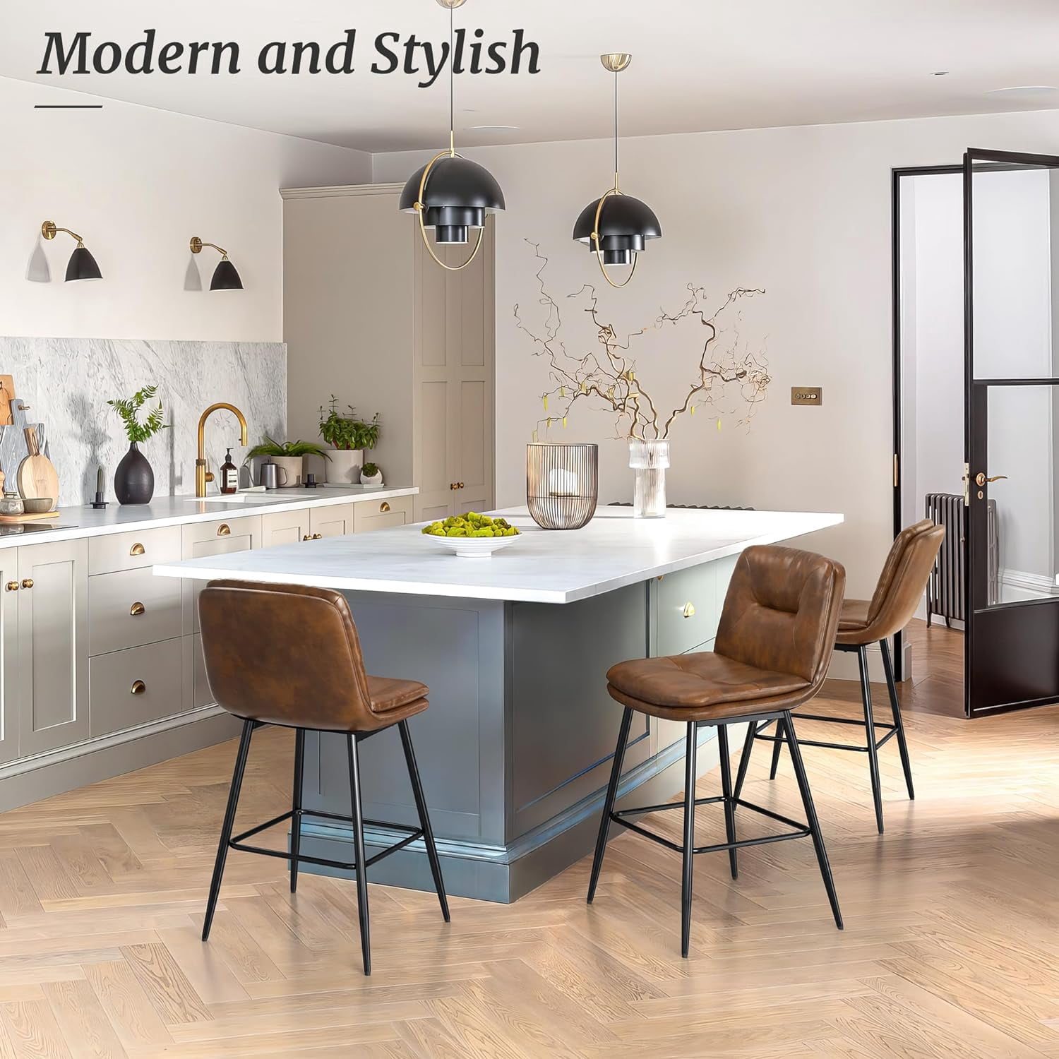 Dycanpo 24”H Bar Stools Set of 6, Double-Layer Upholstered, for Home Kitchen, Yellowish Brown
