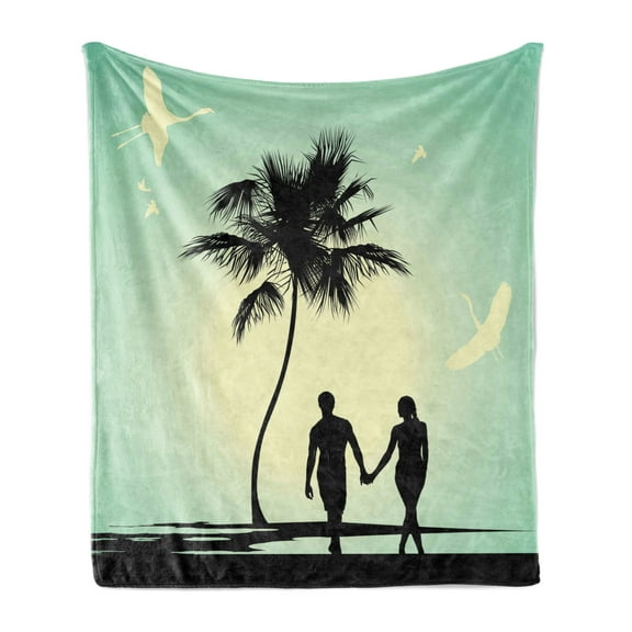 Romantic Soft Flannel Fleece Throw Blanket, Married Couple Walking on the Beach Tropical Fauna and Flora, Cozy Plush for Indoor and Outdoor Use, 50" x 60", Pale Green Seafoam Black, by Ambesonne