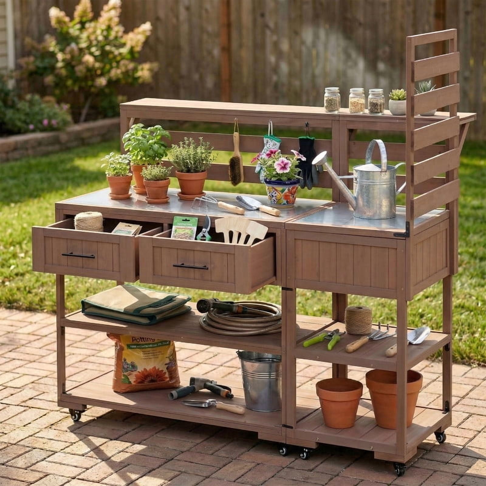62.3''W Outdoor Kitchen Island Set of 2 with Stainless Table Top, Garden Potting Bench with Shelf and Drawers, BBQ Prep Grill Table