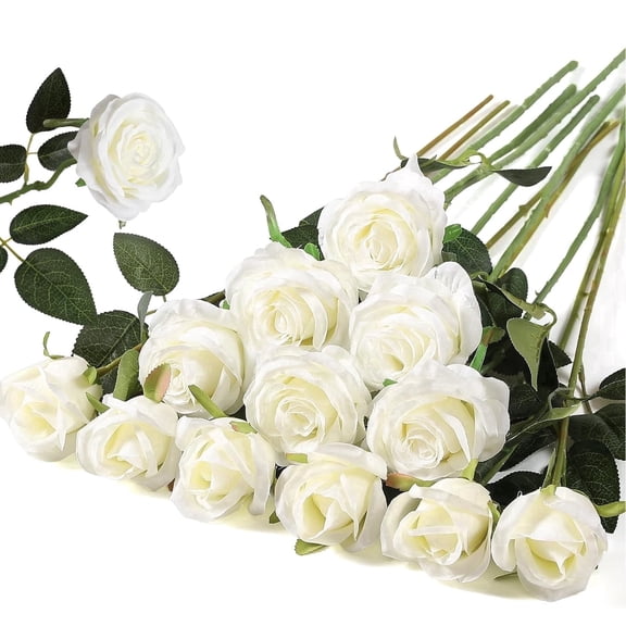 12pcs White Artificial Roses, Realistic Silk Flowers with Long Stems, Faux Rose Bouquets for Wedding Centerpieces, Bridal Shower, Home Table Decor